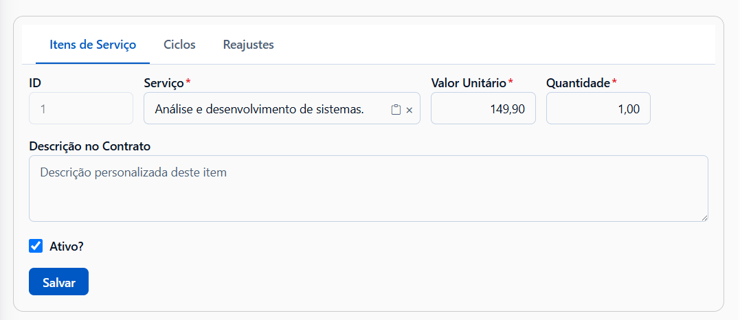 Itens do contrato na MyPlat
